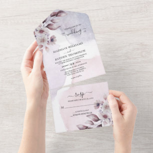 Elegant Watercolor White Purple leaves Wedding All In One Invitation