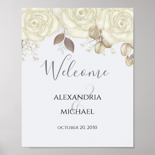 Elegant Watercolor White Rose Greenery Foliage Poster