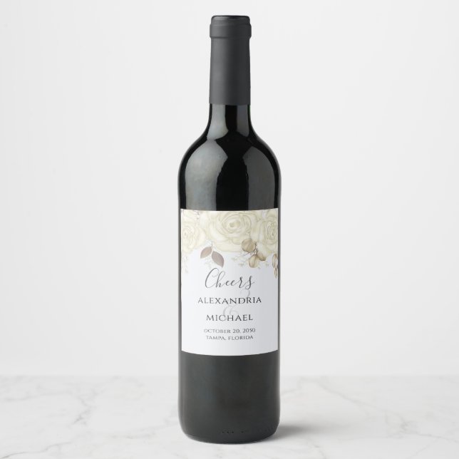 Elegant Watercolor White Rose Greenery Foliage Wine Label (Front)