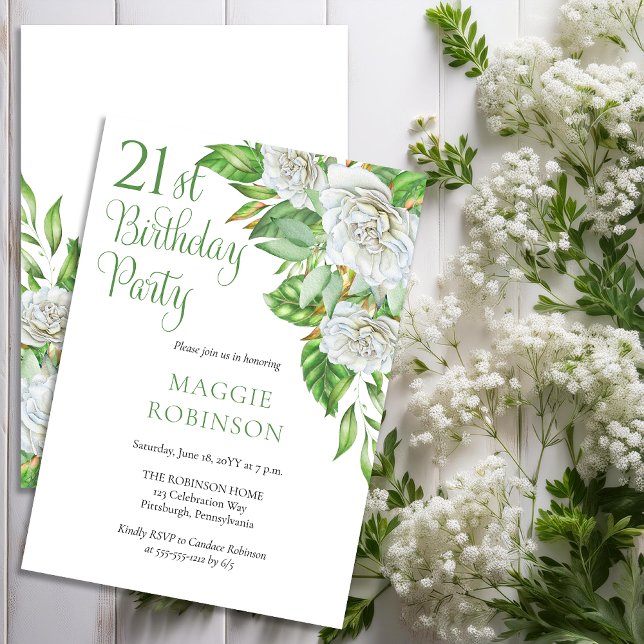 Elegant Watercolor White Roses 21st Birthday Party Invitation (Elegant Watercolor White Roses and Greenery 21st Birthday Party Invitation - Print | Download)