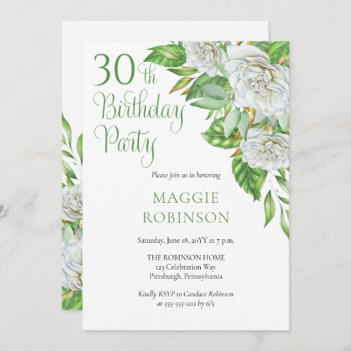 Elegant Watercolor White Roses 30th Birthday Party Invitation