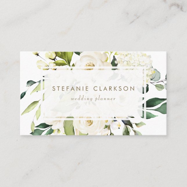 Elegant Watercolor White Roses and Hydrangeas Business Card (Front)