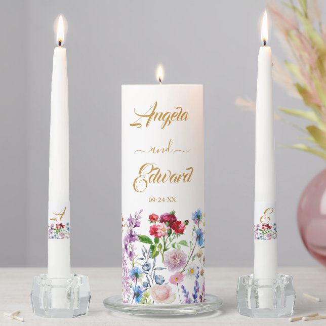 Elegant Watercolor Wild Florals Wedding Unity Candle Set (In Situ)