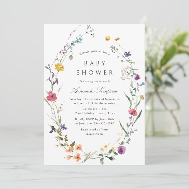 Elegant Watercolor Wild Flowers Baby Shower Invitation (Standing Front)