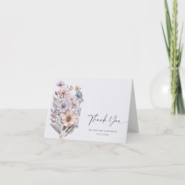 Elegant Watercolor Wild Flowers Botanical Wedding Thank You Card (Front)