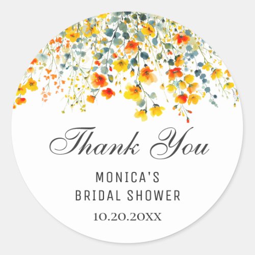 Elegant Watercolor Wild Flowers Bridal Shower Classic Round Sticker