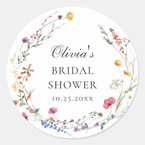 Elegant Watercolor Wild Flowers Bridal Shower Classic Round Sticker
