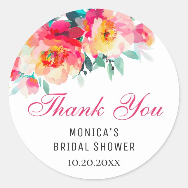 Elegant Watercolor Wild Flowers Bridal Shower Classic Round Sticker (Front)
