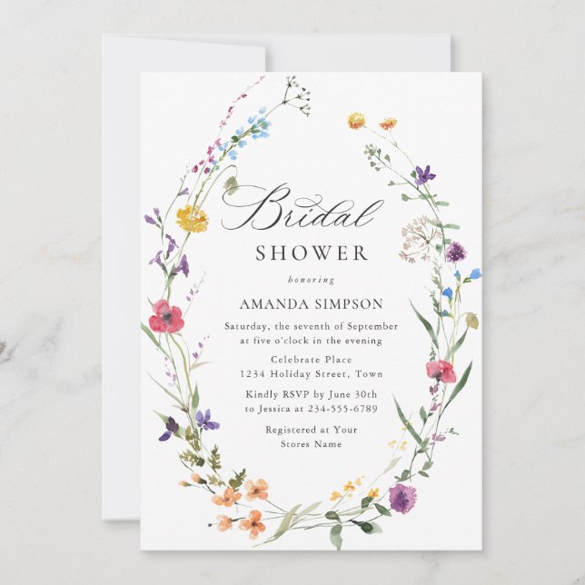 Elegant Watercolor Wild Flowers Bridal Shower Invitation (Front)