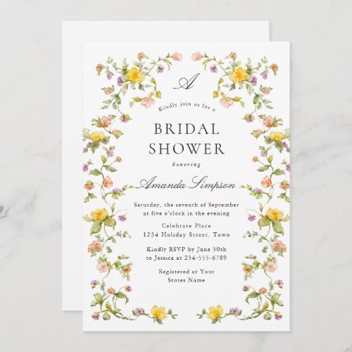 Elegant Watercolor Wild Flowers Bridal Shower Invitation