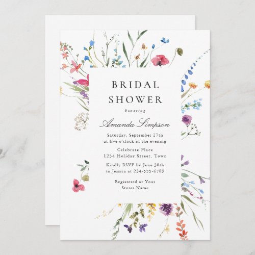Elegant Watercolor Wild Flowers Bridal Shower Invitation