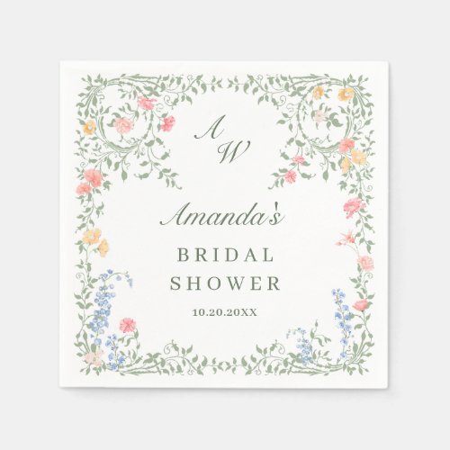 Elegant Watercolor Wild Flowers Bridal Shower Napkins