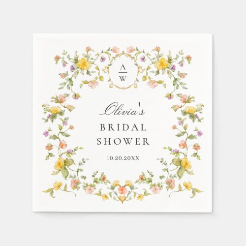 Elegant Watercolor Wild Flowers Bridal Shower Napkins