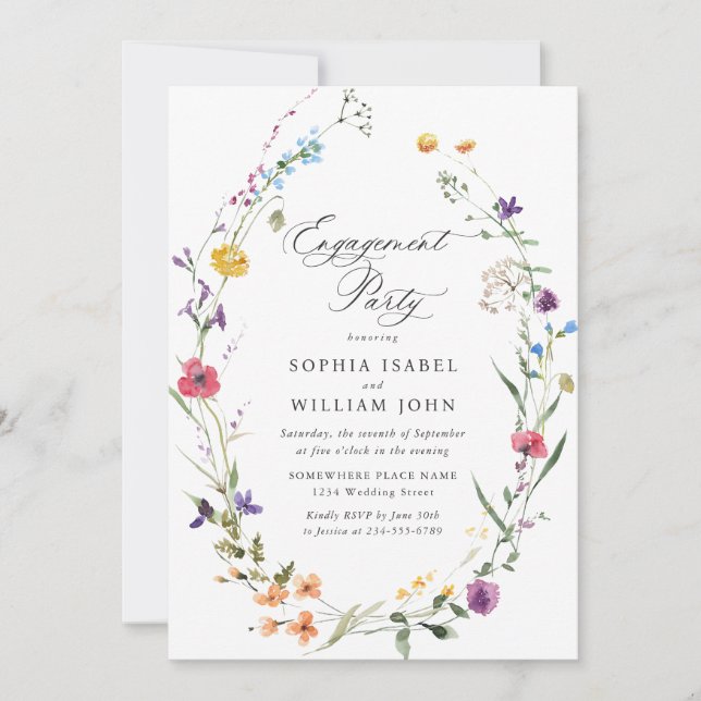 Elegant Watercolor Wild Flowers ENGAGEMENT PARTY Invitation (Front)