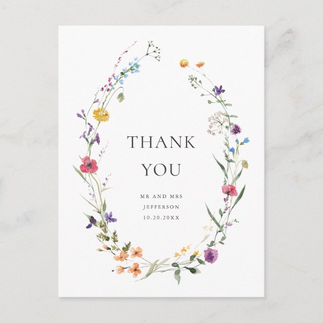 Elegant Watercolor Wild Flowers Floral Thank You Postcard (Front)