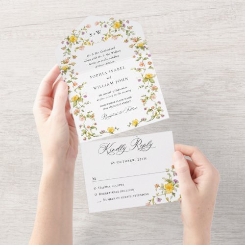 Elegant Watercolor Wild Flowers Floral Wedding All In One Invitation