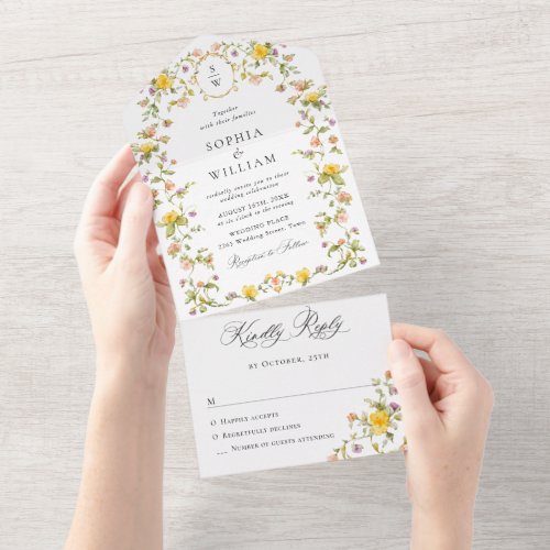 Elegant Watercolor Wild Flowers Floral Wedding All In One Invitation