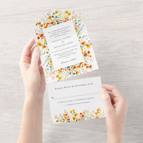 Elegant Watercolor Wild Flowers Floral Wedding All In One Invitation