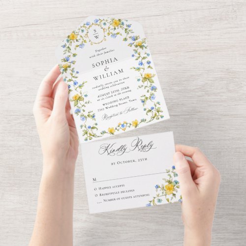 Elegant Watercolor Wild Flowers Floral Wedding All In One Invitation