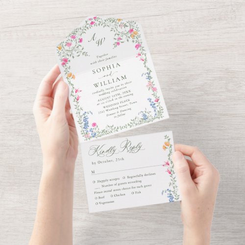 Elegant Watercolor Wild Flowers Floral Wedding All In One Invitation