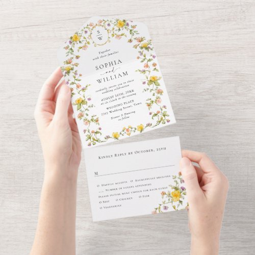 Elegant Watercolor Wild Flowers Floral Wedding All In One Invitation