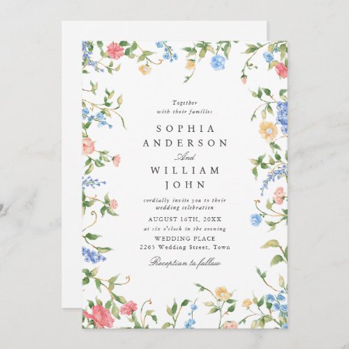 Elegant Watercolor Wild Flowers Floral Wedding Invitation