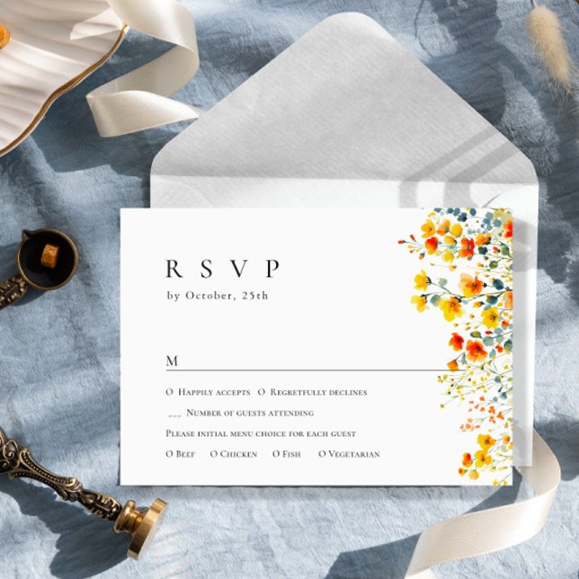 Elegant Watercolor Wild Flowers Floral Wedding RSVP Card (Creator Uploaded)