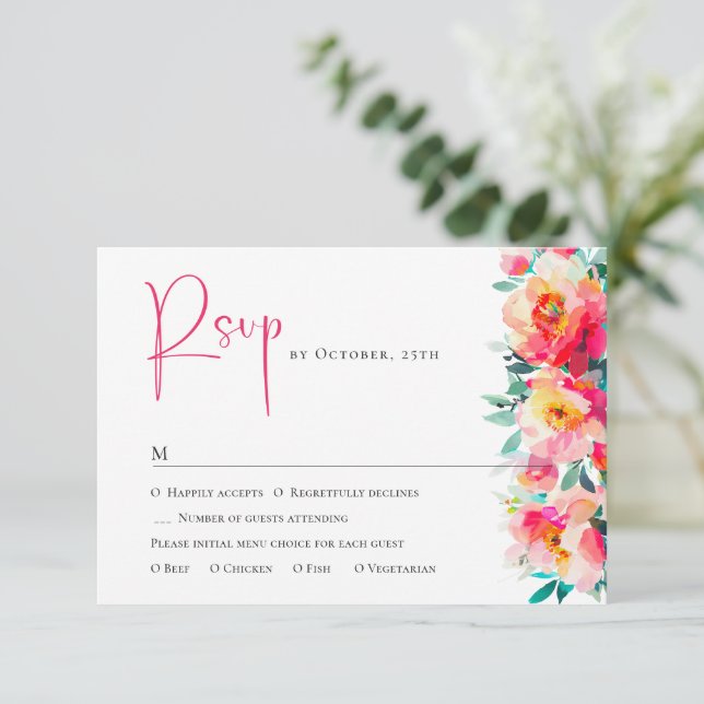 Elegant Watercolor Wild Flowers Floral Wedding RSVP Card (Standing Front)