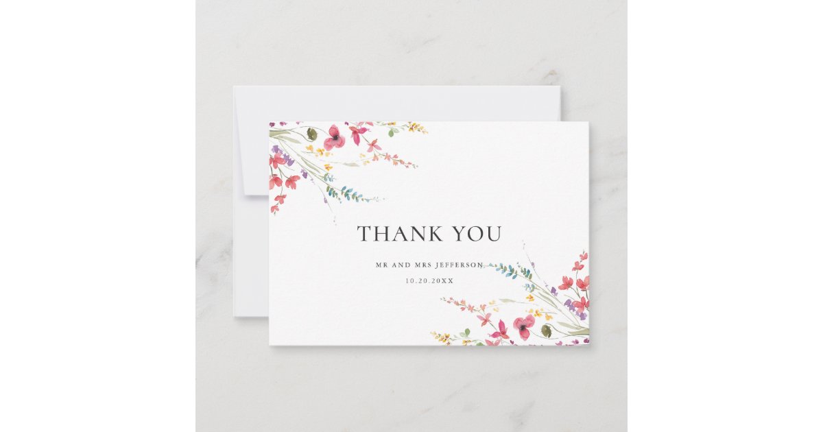 Elegant Watercolor Wild Flowers Floral Wedding Thank You Card | Zazzle
