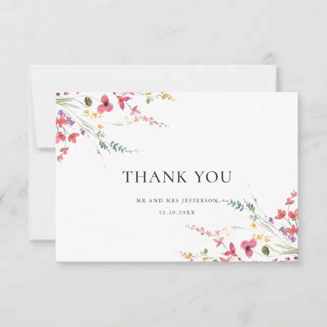 Elegant Watercolor Wild Flowers Floral Wedding Thank You Card | Zazzle
