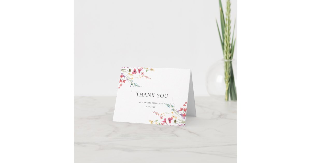 Elegant Watercolor Wild Flowers Floral Wedding Thank You Card | Zazzle