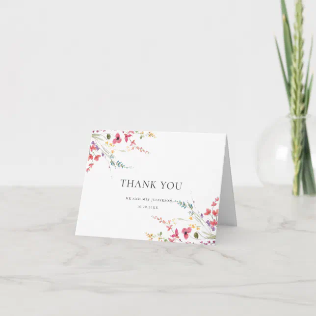 Elegant Watercolor Wild Flowers Floral Wedding Thank You Card | Zazzle