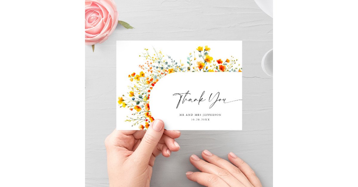 Elegant Watercolor Wild Flowers Floral Wedding Thank You Card | Zazzle