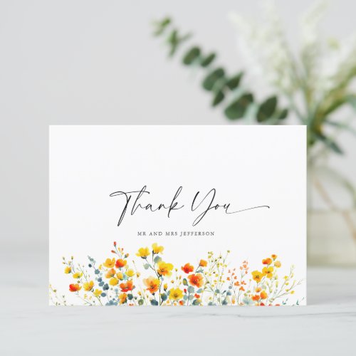 Elegant Watercolor Wild Flowers Floral Wedding Thank You Card