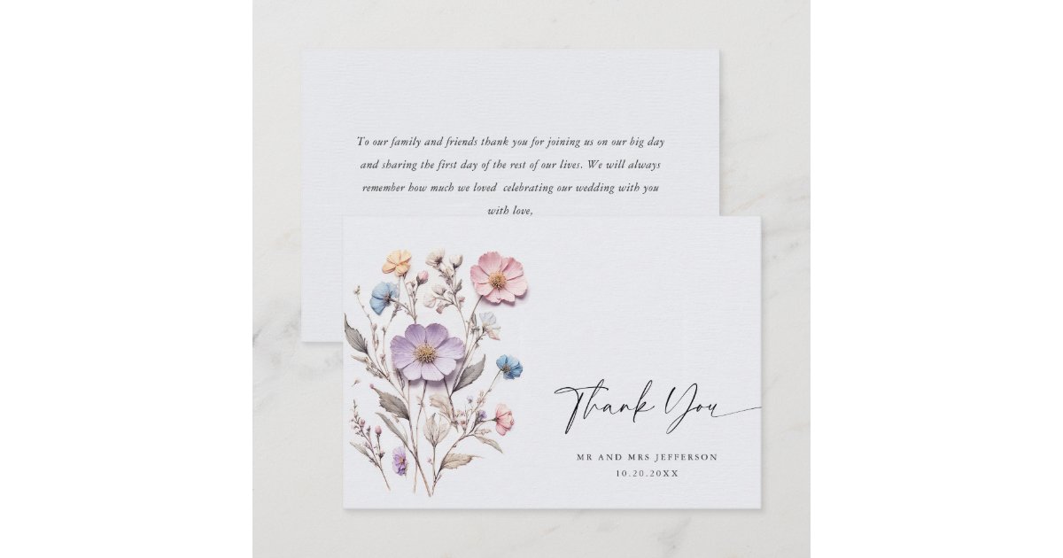 Elegant Watercolor Wild Flowers Floral Wedding Thank You Card | Zazzle