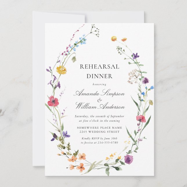 Elegant Watercolor Wild Flowers Rehearsal Dinner Invitation (Front)