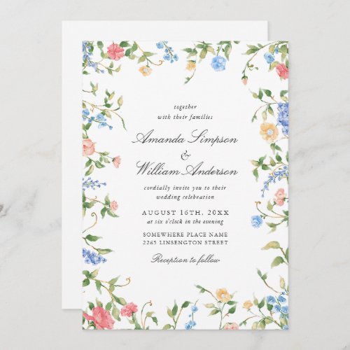 Elegant Watercolor Wild Flowers Wedding All in One Invitation