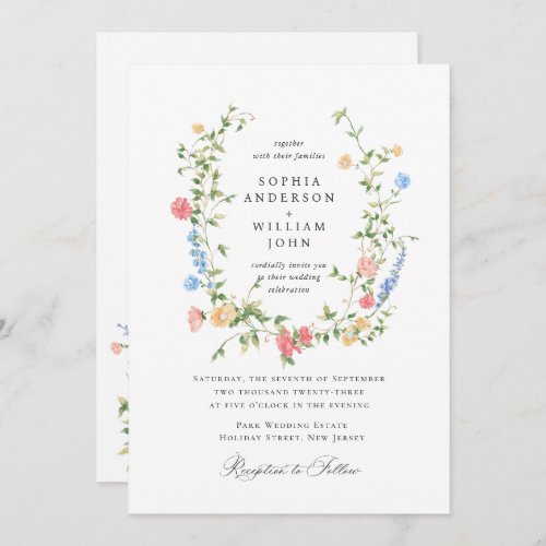 Elegant Watercolor Wild Flowers Wedding All in One Invitation