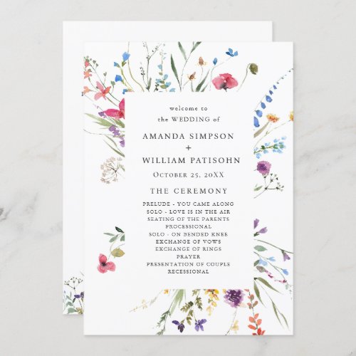 Elegant Watercolor Wild Flowers Wedding Ceremony Program
