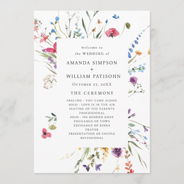 Elegant Watercolor Wild Flowers Wedding Ceremony Program (Front)