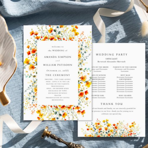 Elegant Watercolor Wild Flowers Wedding Ceremony Program