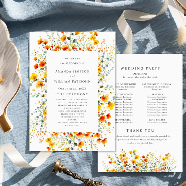 Elegant Watercolor Wild Flowers Wedding Ceremony Program (Creator Uploaded)