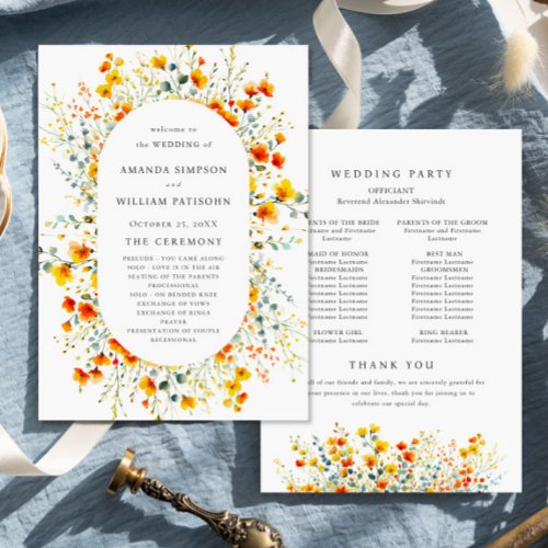 Elegant Watercolor Wild Flowers Wedding Ceremony Program