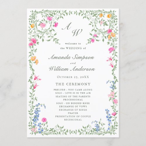 Elegant Watercolor Wild Flowers Wedding Ceremony Program