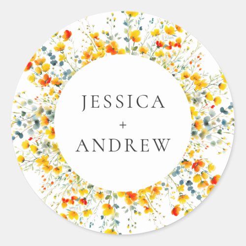Elegant Watercolor Wild Flowers Wedding Classic Round Sticker