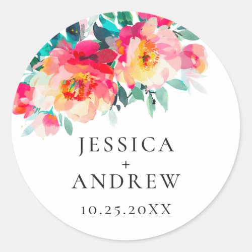 Elegant Watercolor Wild Flowers Wedding Classic Round Sticker