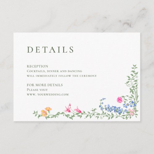 Elegant Watercolor Wild Flowers Wedding Details Enclosure Card