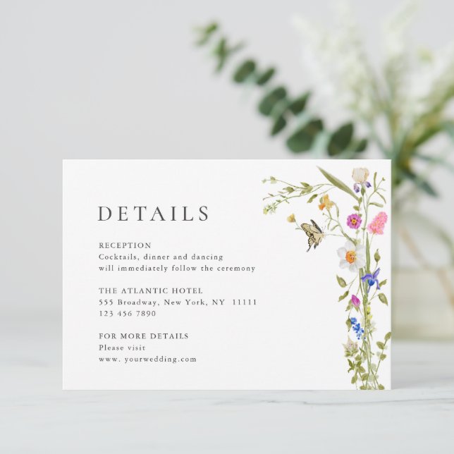 Elegant Watercolor Wild Flowers Wedding Details Enclosure Card (Standing Front)