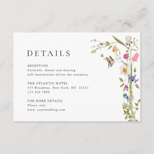 Elegant Watercolor Wild Flowers Wedding Details Enclosure Card