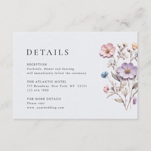 Elegant Watercolor Wild Flowers Wedding Details Enclosure Card